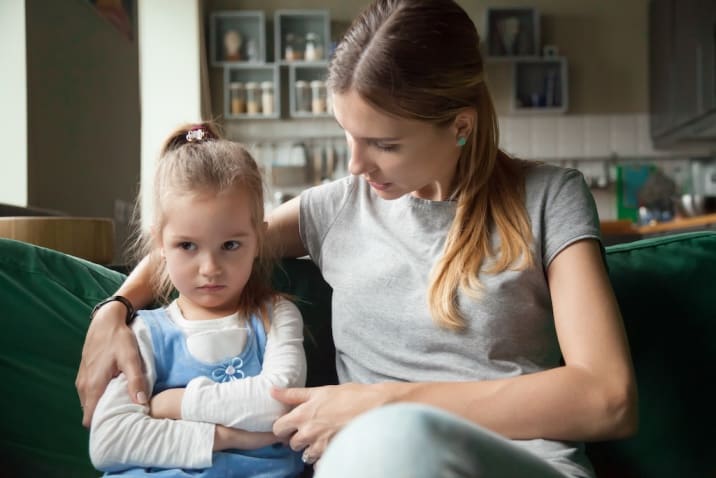 Loving mother consoling insulted upset stubborn kid daughter avoiding talk