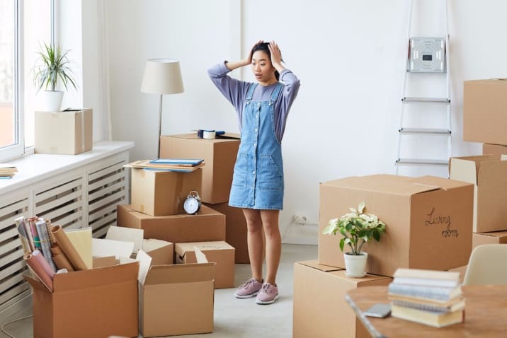 A woman feeling overwhelmed and distracted by clutter - decluttering mistakes to avoid