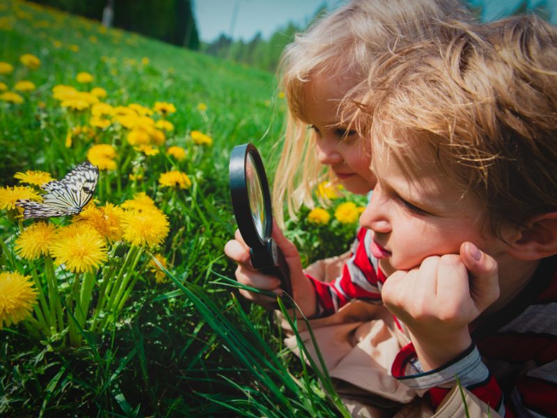 a boy and a girl looking at a butterfly with a magnifying glass-nature play for kids