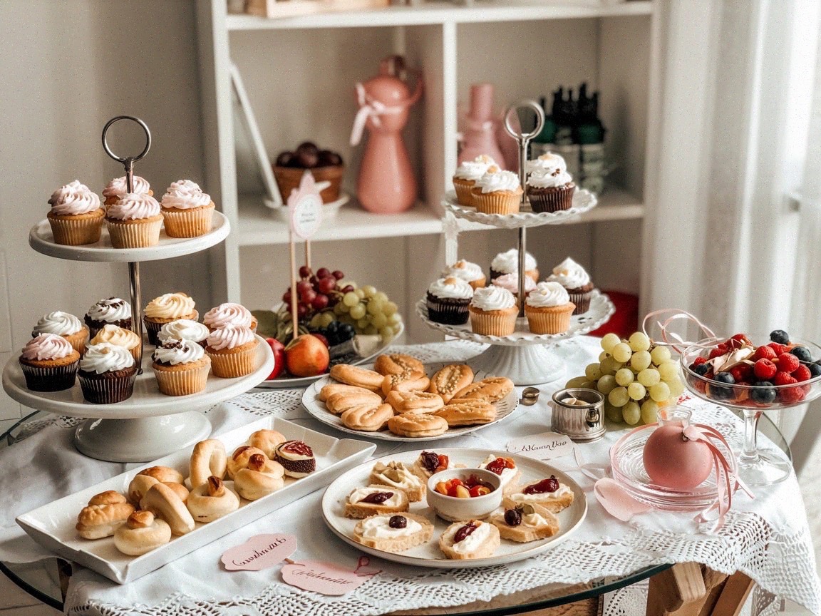 A table set for a high tea gender reveal party, adorned with various delectable treats - summer gender reveal party theme
