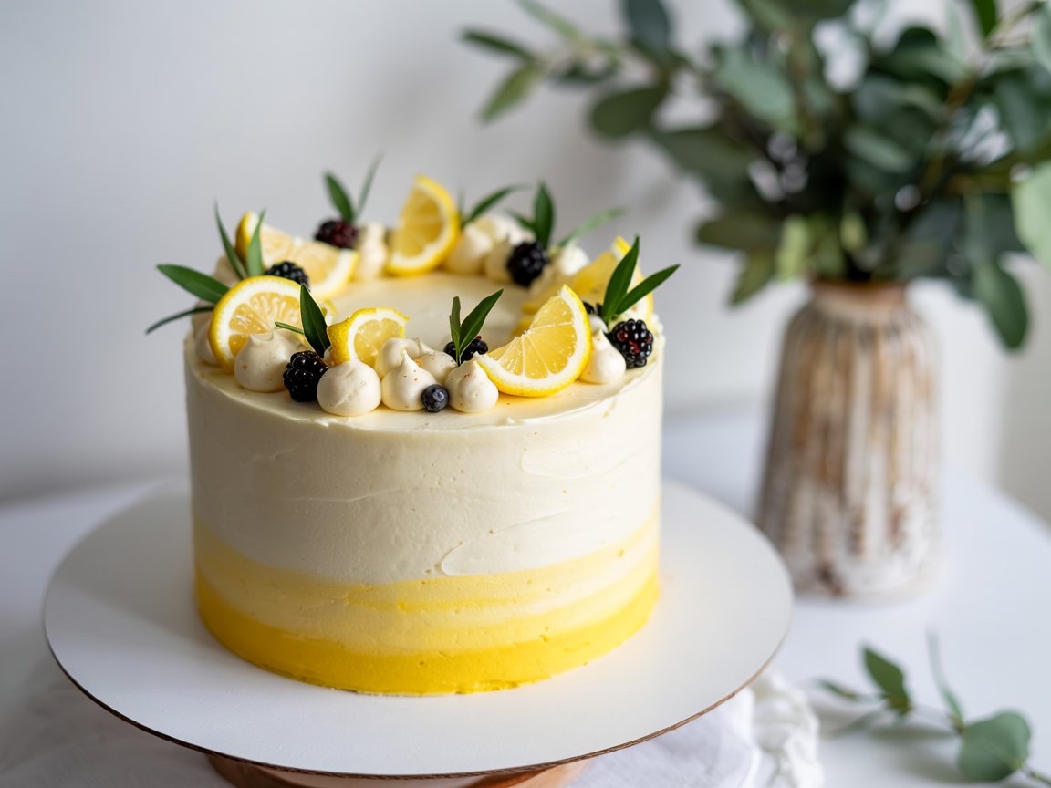 Lemon themed gender reveal party for summer - A yellow lemon cake with white frosting and floral decorations on top.

