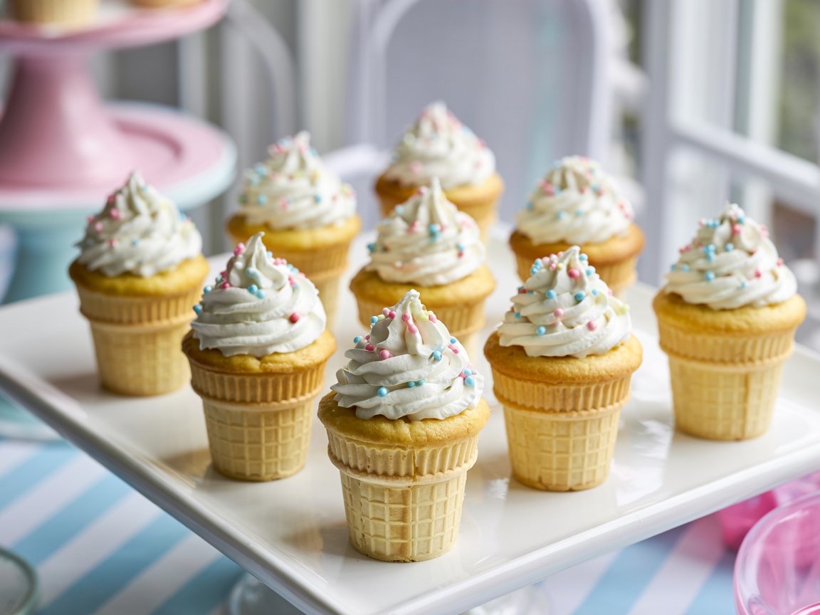A delightful assortment of cupcakes with frosting, for an ice cream themed gender reveal party.
