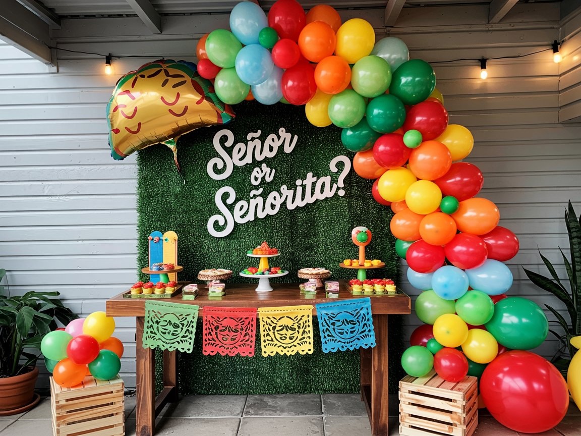 A vibrant Fiesta-themed gender reveal party setup.  A balloon arch in bright rainbow colors forms a backdrop with a "Señor or Señorita?" sign. A dessert table with colorful treats sits in front of the arch, decorated with festive papel picado banners.  A large taco-shaped balloon adds to the fun, celebratory atmosphere.
