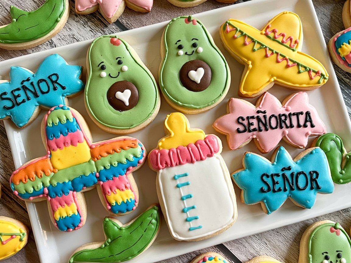 Summer gender reveal party - A platter of intricately decorated sugar cookies for a fiesta themed gender reveal party. Designs include cute avocado faces, colorful piñatas, yellow sombreros, and cookies that say "Señor" and "Señorita" in Spanish. A baby bottle cookie is also included.
