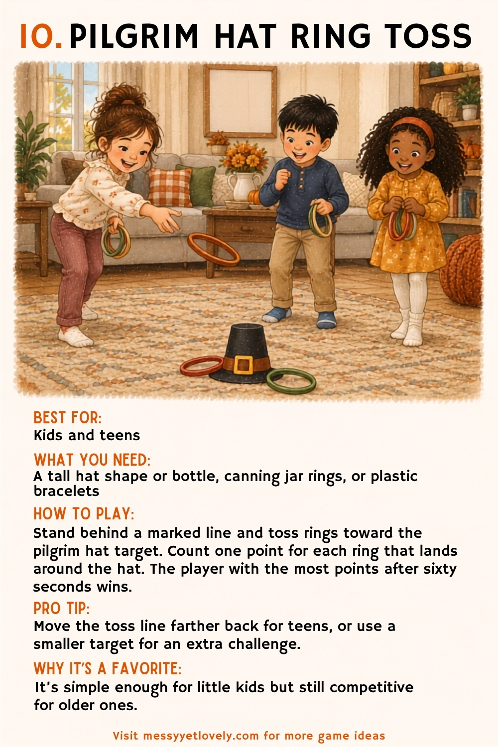 Thanksgiving minute to win it games for kids and teens - pilgrim hat ring toss