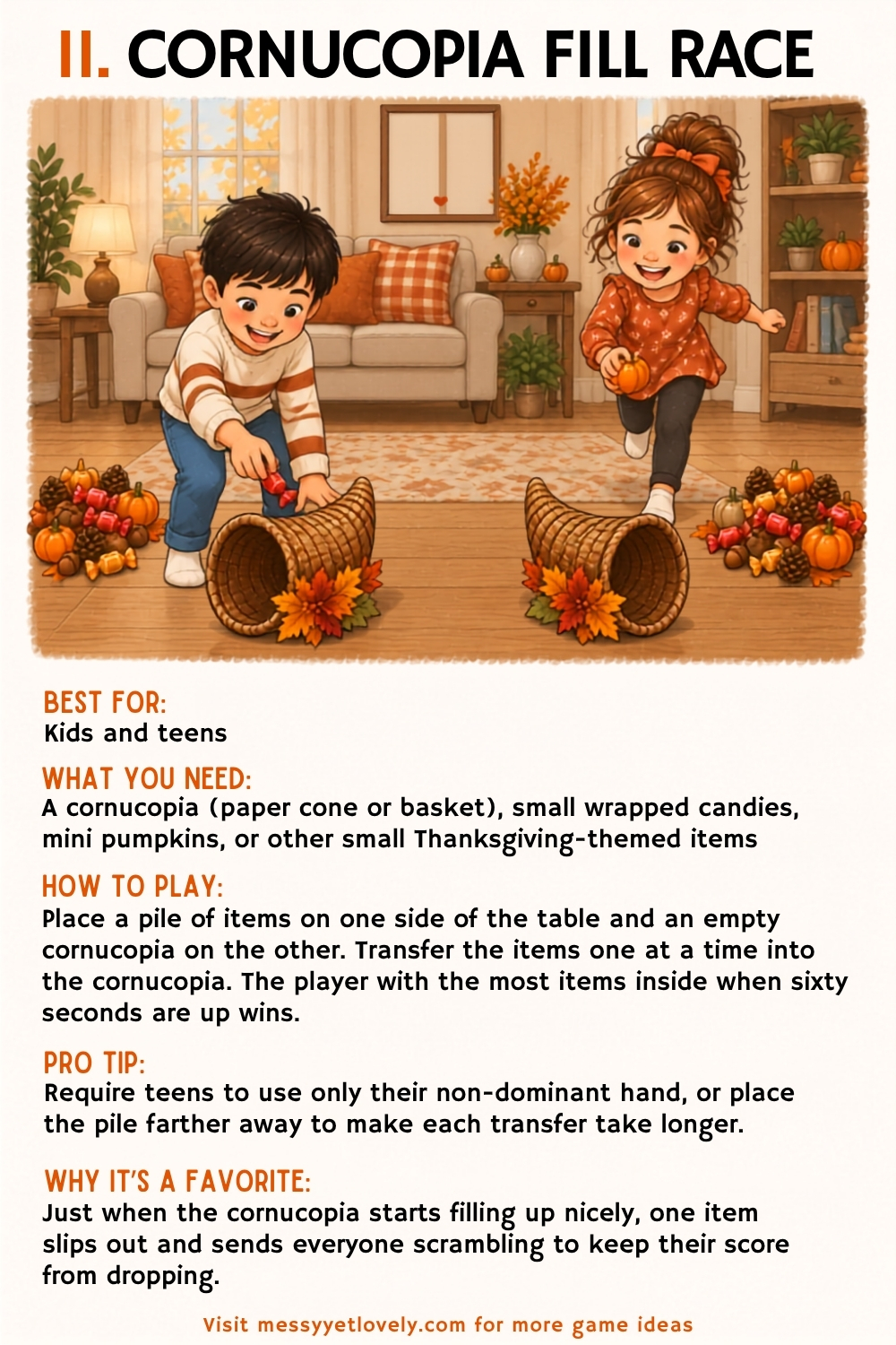 Thanksgiving minute to win it games for kids and teens - Cornucopia Fill Race