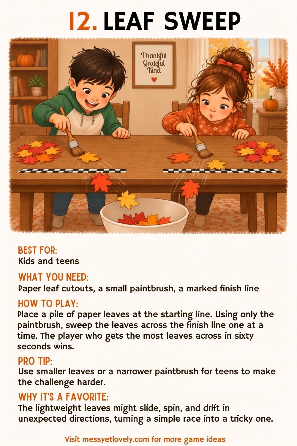 Thanksgiving minute to win it games for kids and teens - leaf sweep