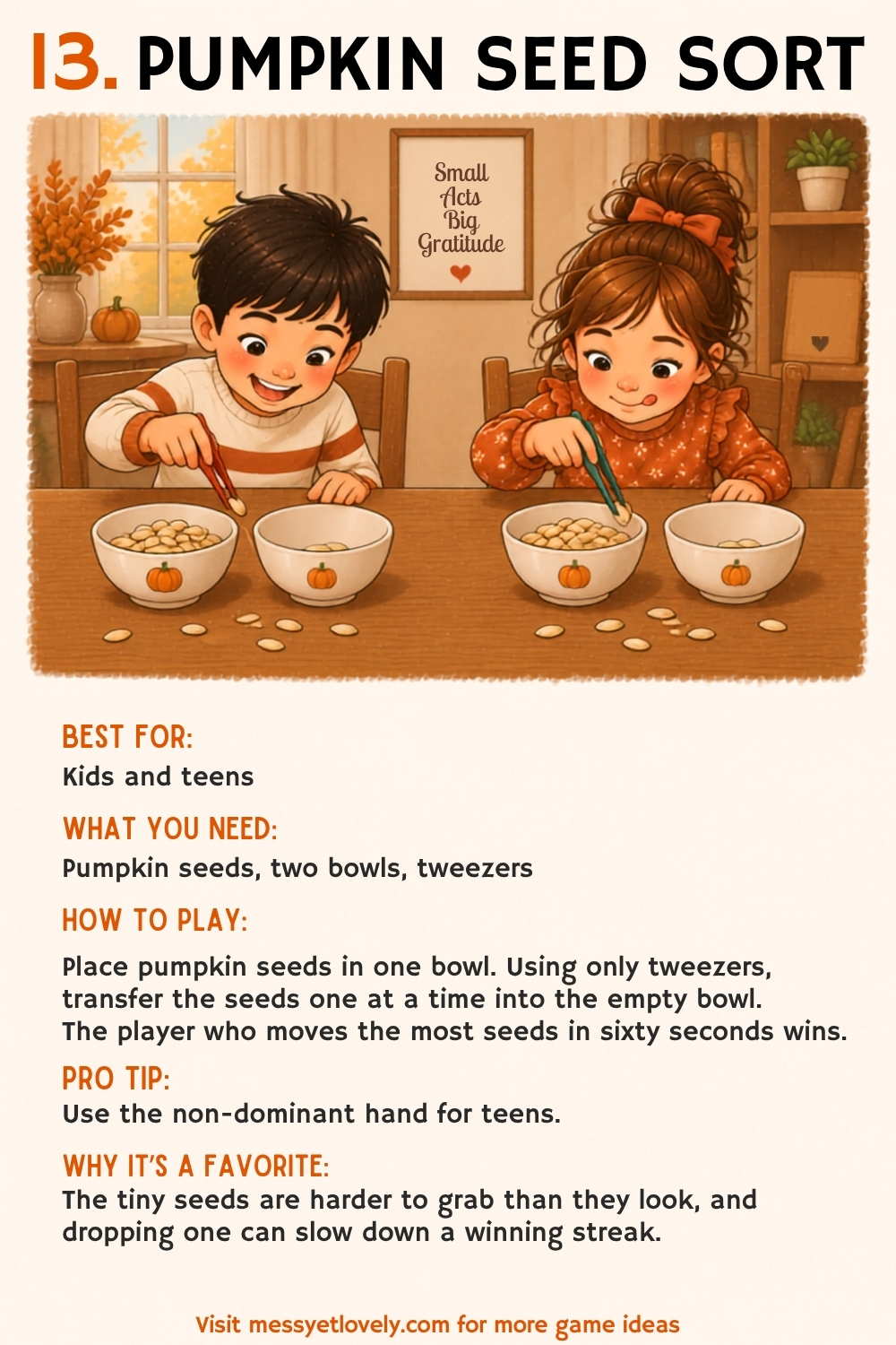 Thanksgiving minute to win it games for kids and teens - pumpkin seed sort