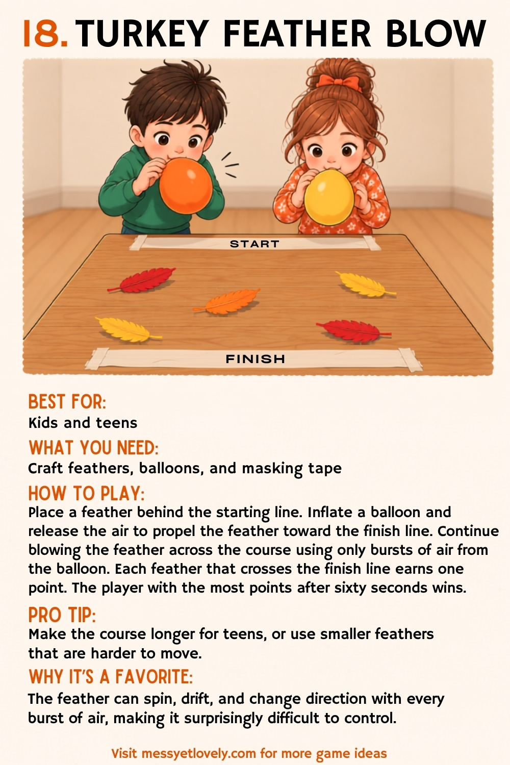 Thanksgiving minute to win it games for kids and teens - turkey feather blow
