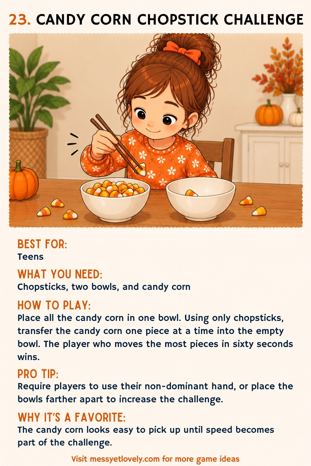 Thanksgiving minute to win it games for kids and teens - candy corn chopstick challenge