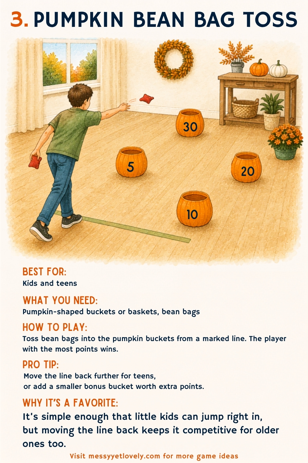Thanksgiving minute to win it games for kids and teens - pumpkin bean bag toss