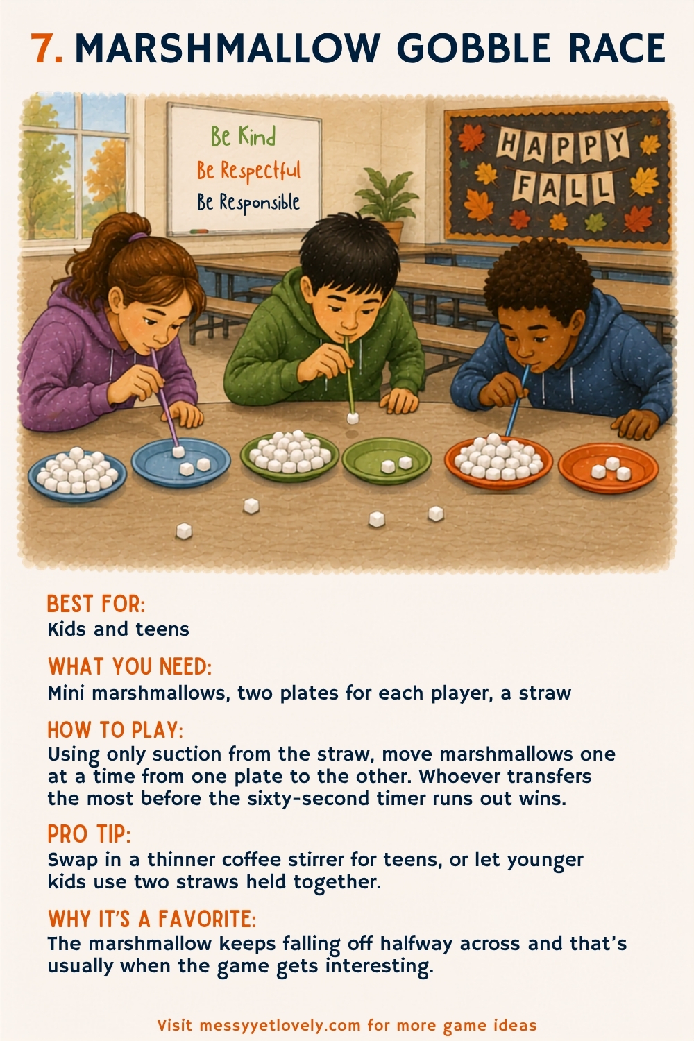 Thanksgiving minute to win it games for kids and teens - marshmallow gobble race